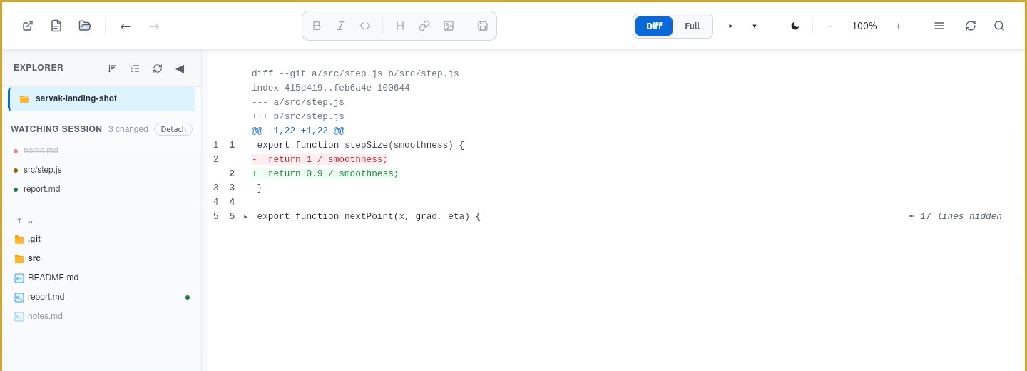 Sarvak attached to a session: a gold border, a rail of changed files, and a diff that shows one edited line with the rest folded