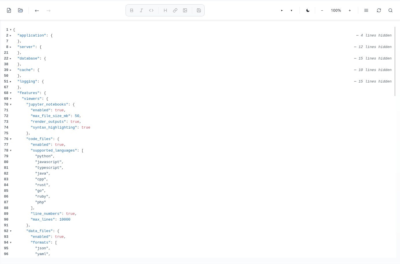 Sarvak showing a JSON file with the large sections collapsed and the features block left open