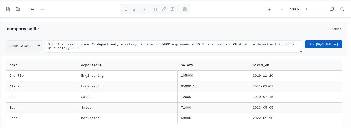 Sarvak running a read-only SQL join and showing the result as a table