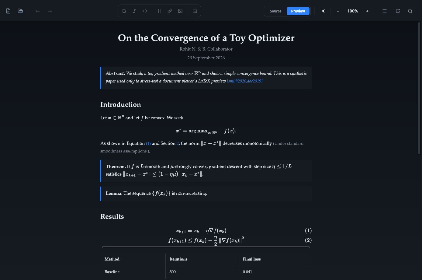 Sarvak showing a LaTeX paper typeset in the preview, with the title and equations large enough to read